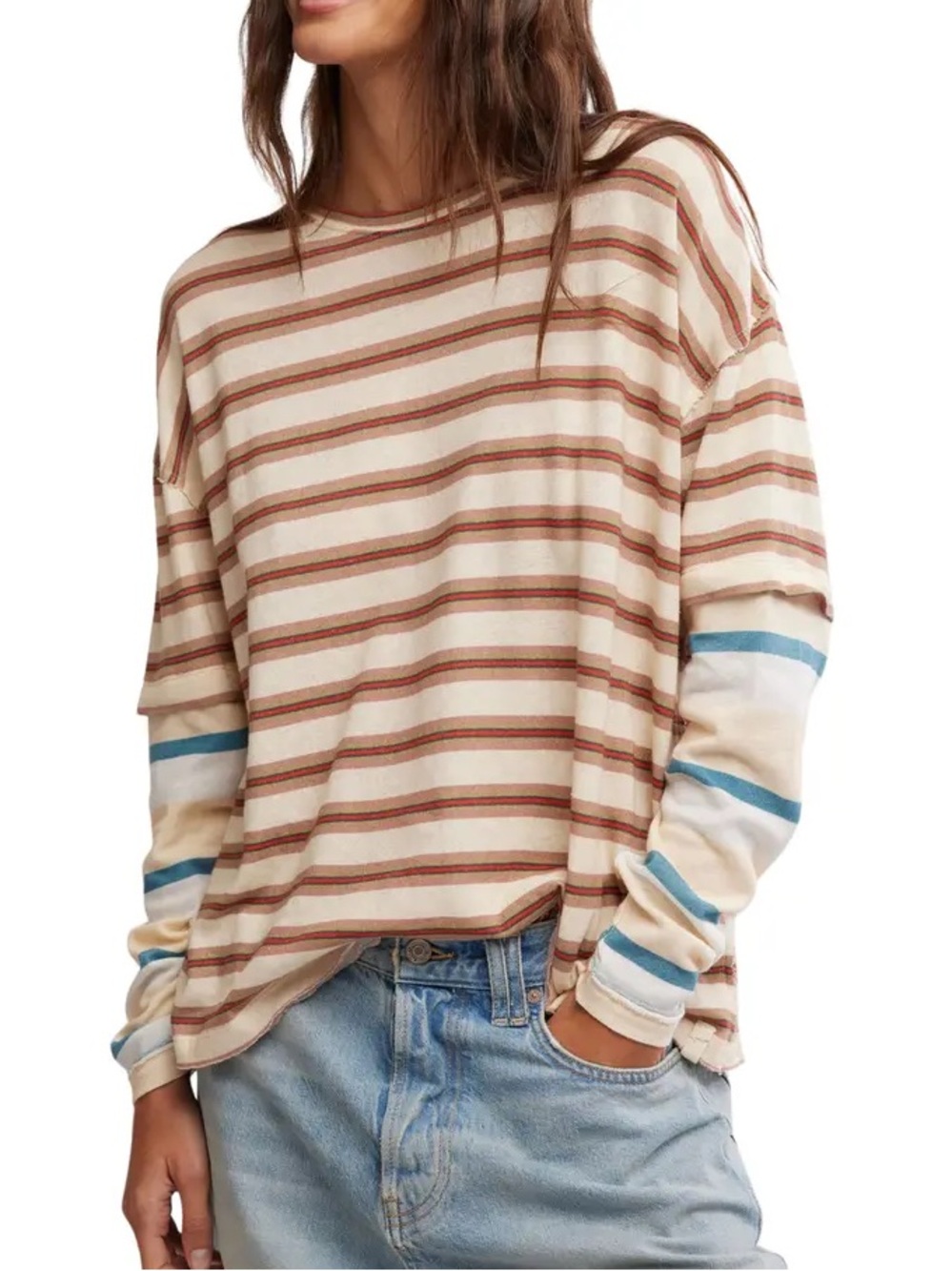 Free People We The Free Nina Stripe Long Sleeve Tee Oversized Cotton T-Shirt L